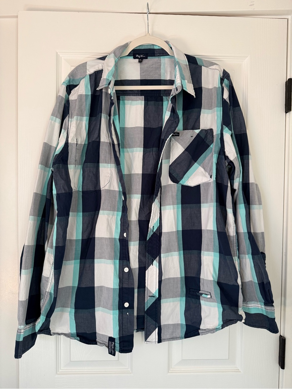 LRG Men’s Plaid Button-Up Shirt in Navy, Mint & Light Gray